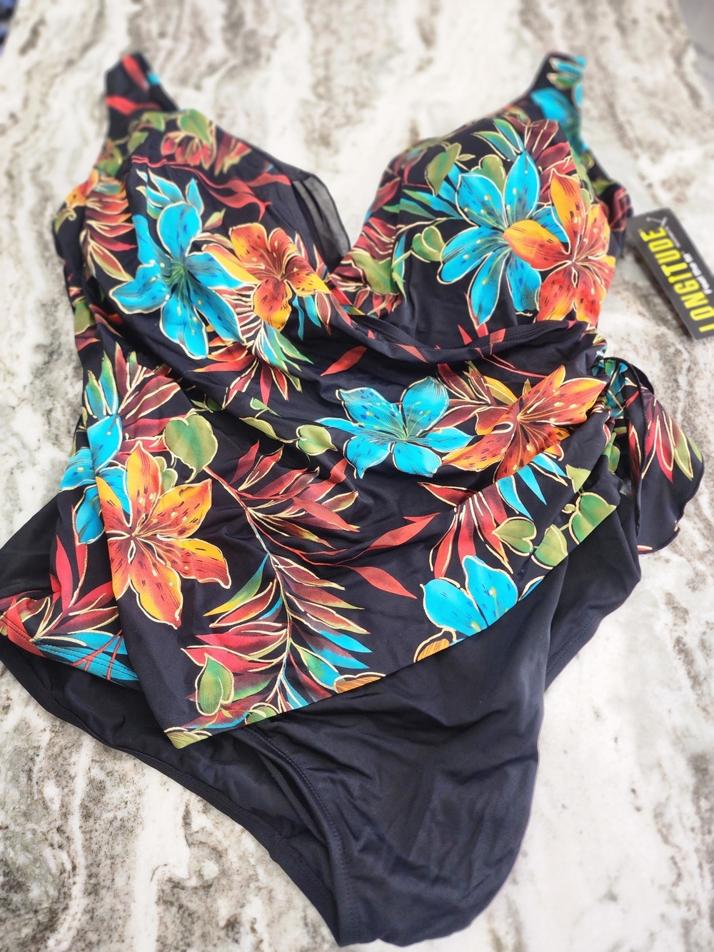 Longitude Black Floral One-Piece Swimsuit with Blue and Orange Flowers